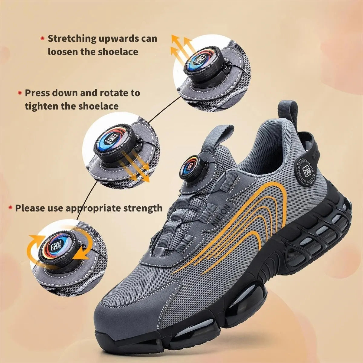 Grey & Black Rotary Buckle Work Sneakers Protective Safety Steel Toe Shoes