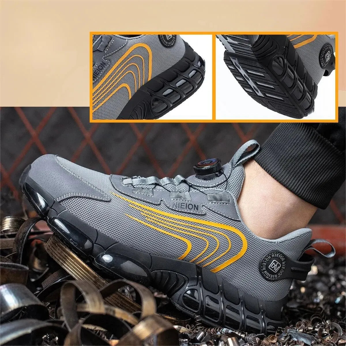 Grey & Black Rotary Buckle Work Sneakers Protective Safety Steel Toe Shoes