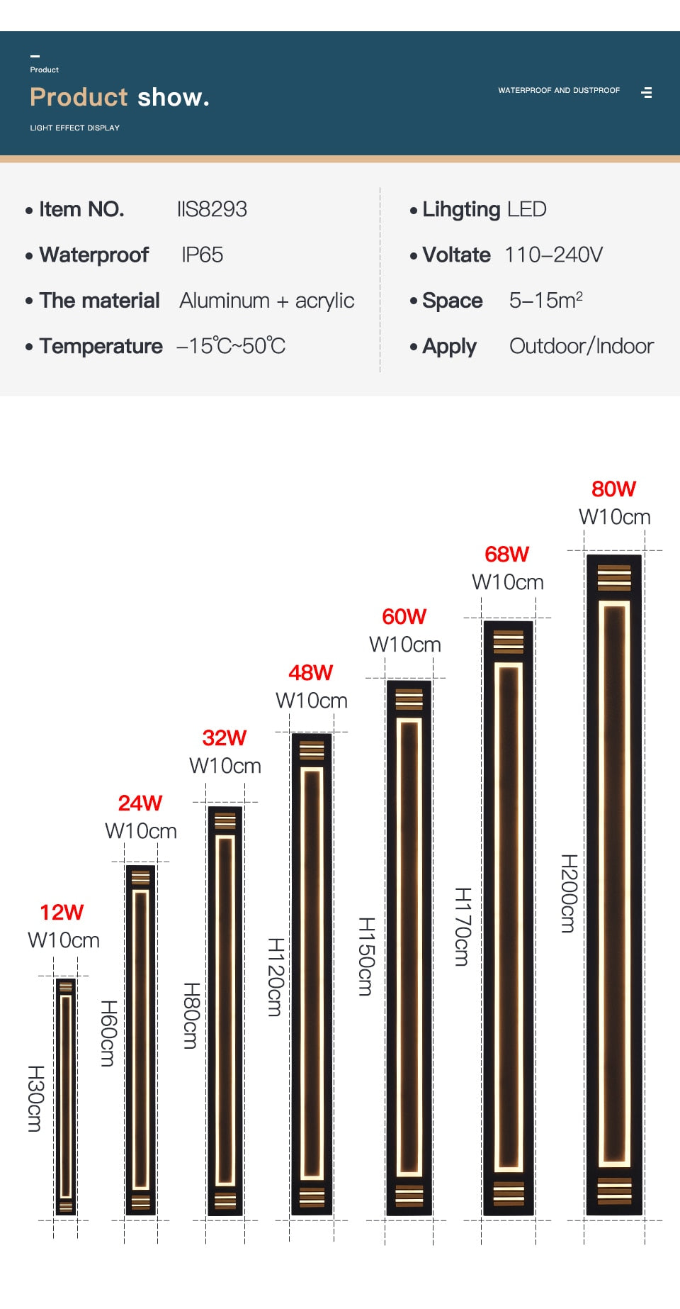 Waterproof Long Outdoor Wall LED Lighting IP65
