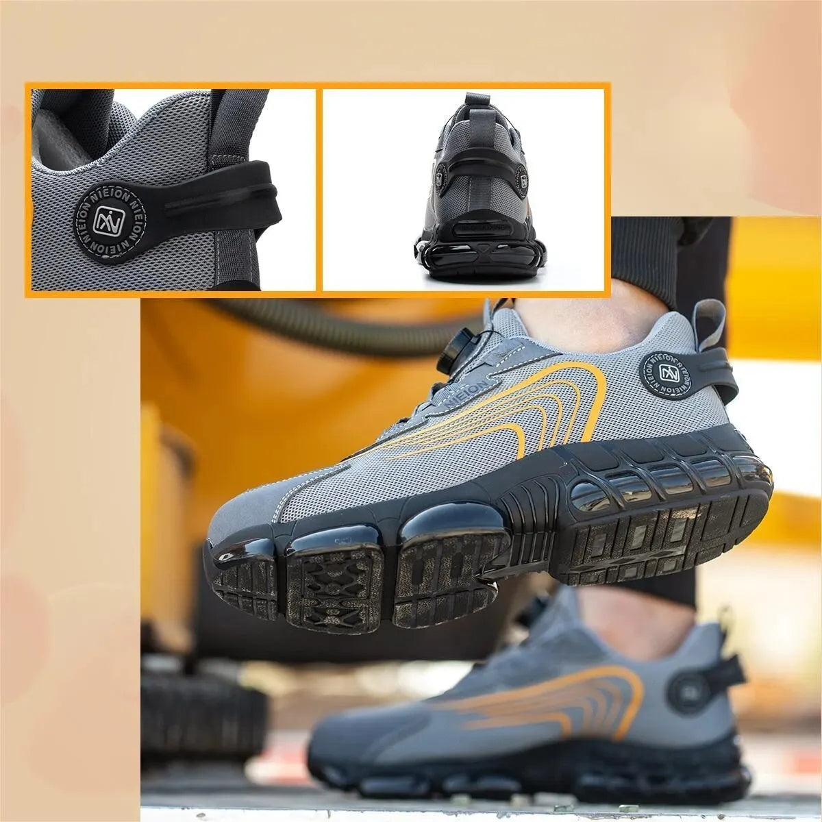 Grey & Black Rotary Buckle Work Sneakers Protective Safety Steel Toe Shoes