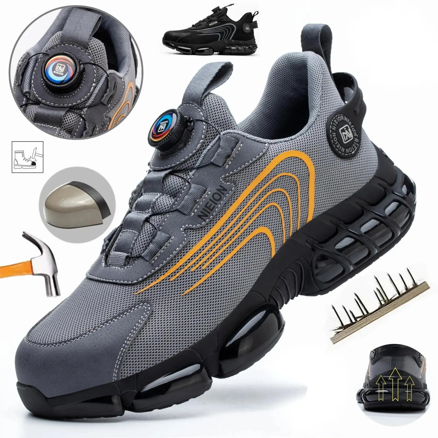 Grey & Black Rotary Buckle Work Sneakers Protective Safety Steel Toe Shoes