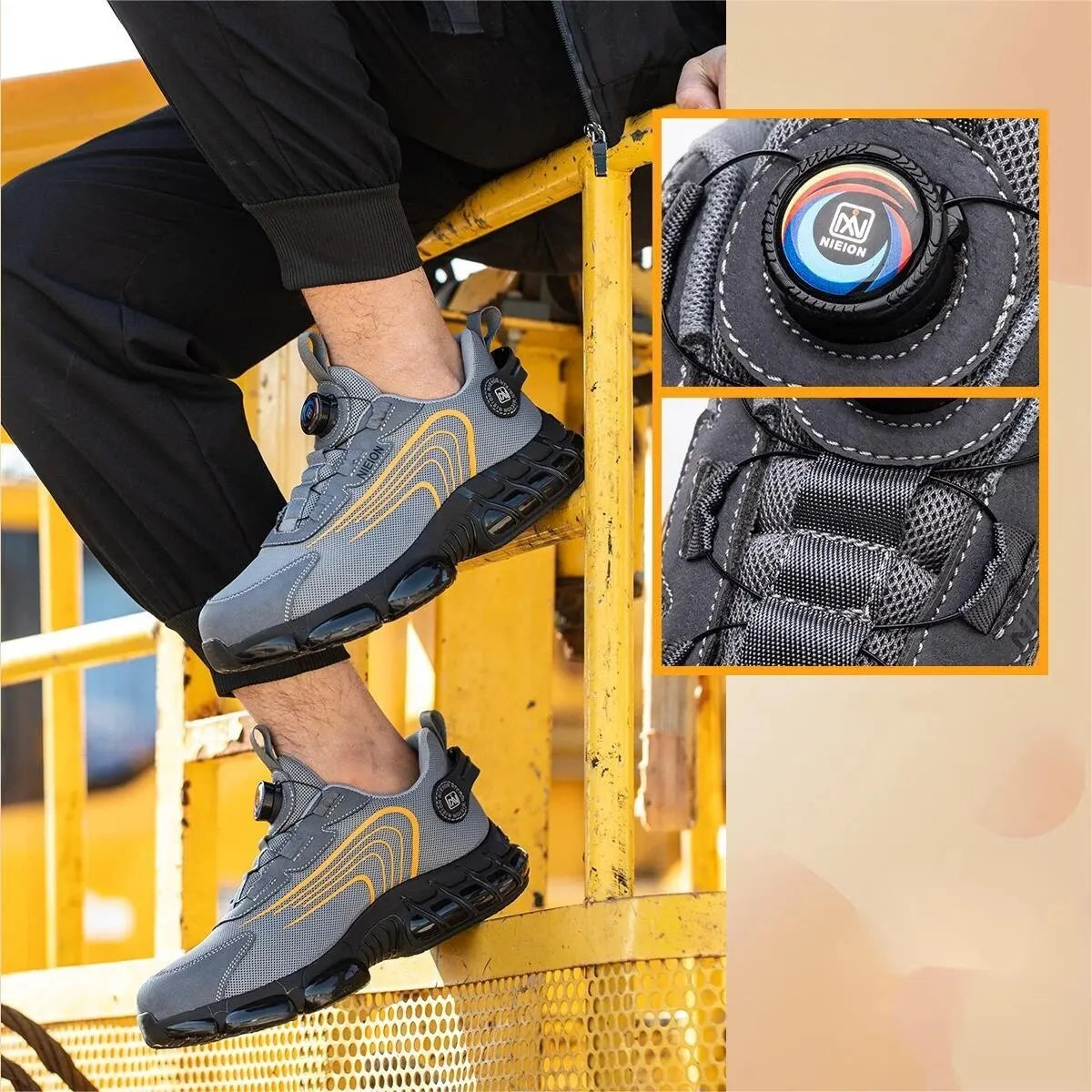 Grey & Black Rotary Buckle Work Sneakers Protective Safety Steel Toe Shoes