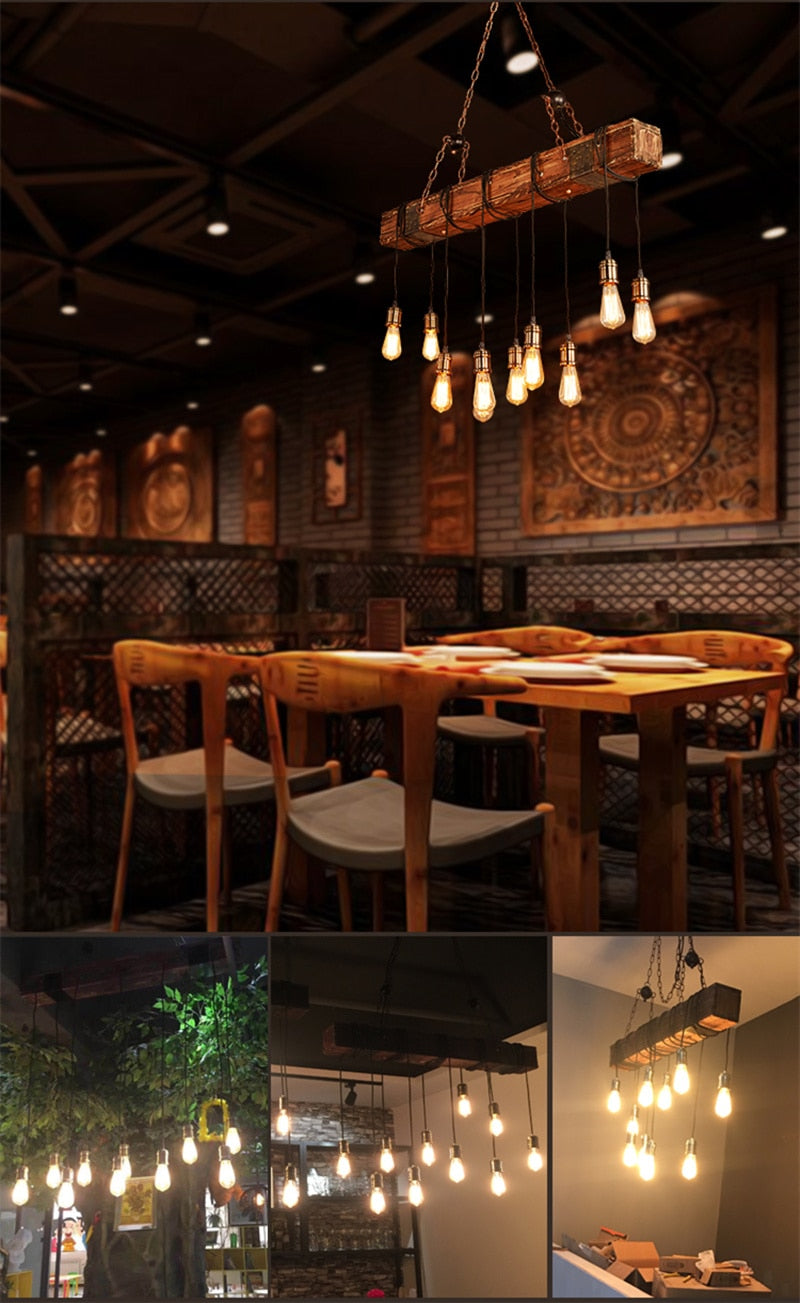 Antique Industrial Retro Wood LED Ceiling Chandelier