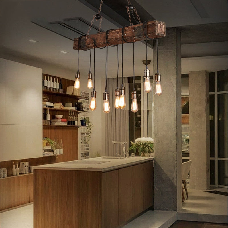 Antique Industrial Retro Wood LED Ceiling Chandelier