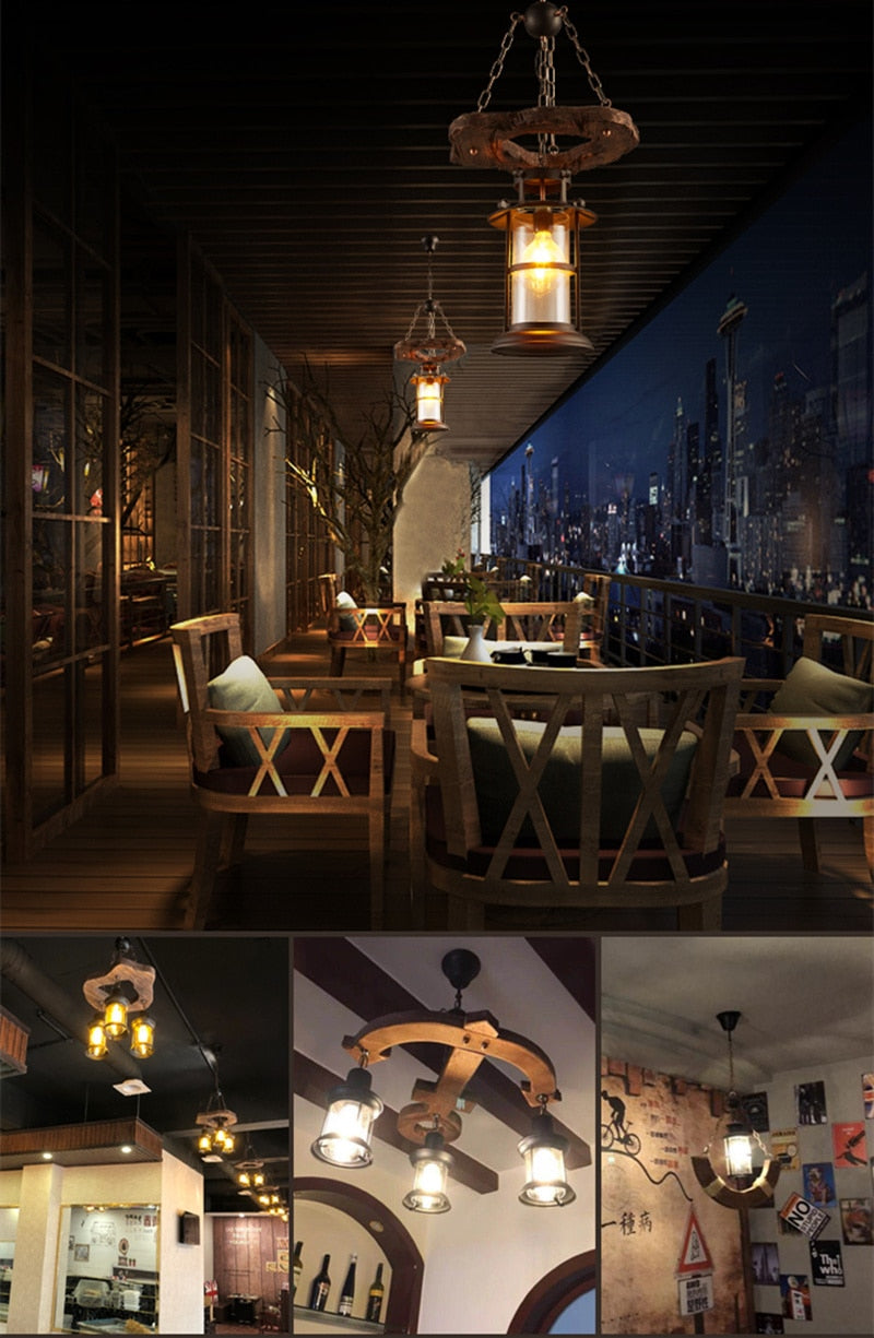 Antique Industrial Retro Wood LED Ceiling Chandelier