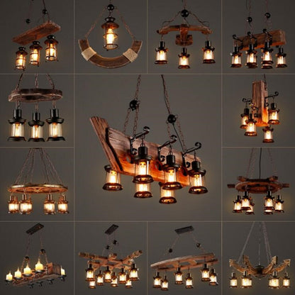 Antique Industrial Retro Wood LED Ceiling Chandelier