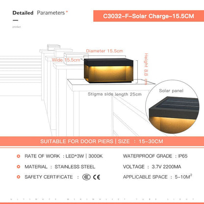 Solar LED Garden Light Outdoor Column Head Light Waterproof Street Light Fence Cap