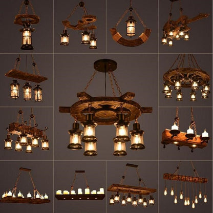 Antique Industrial Retro Wood LED Ceiling Chandelier